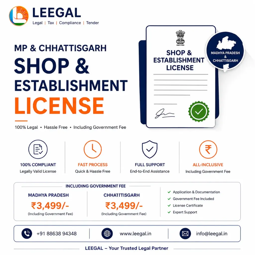 MP & Chhattisgarh Shop and Establishment License including Government fee